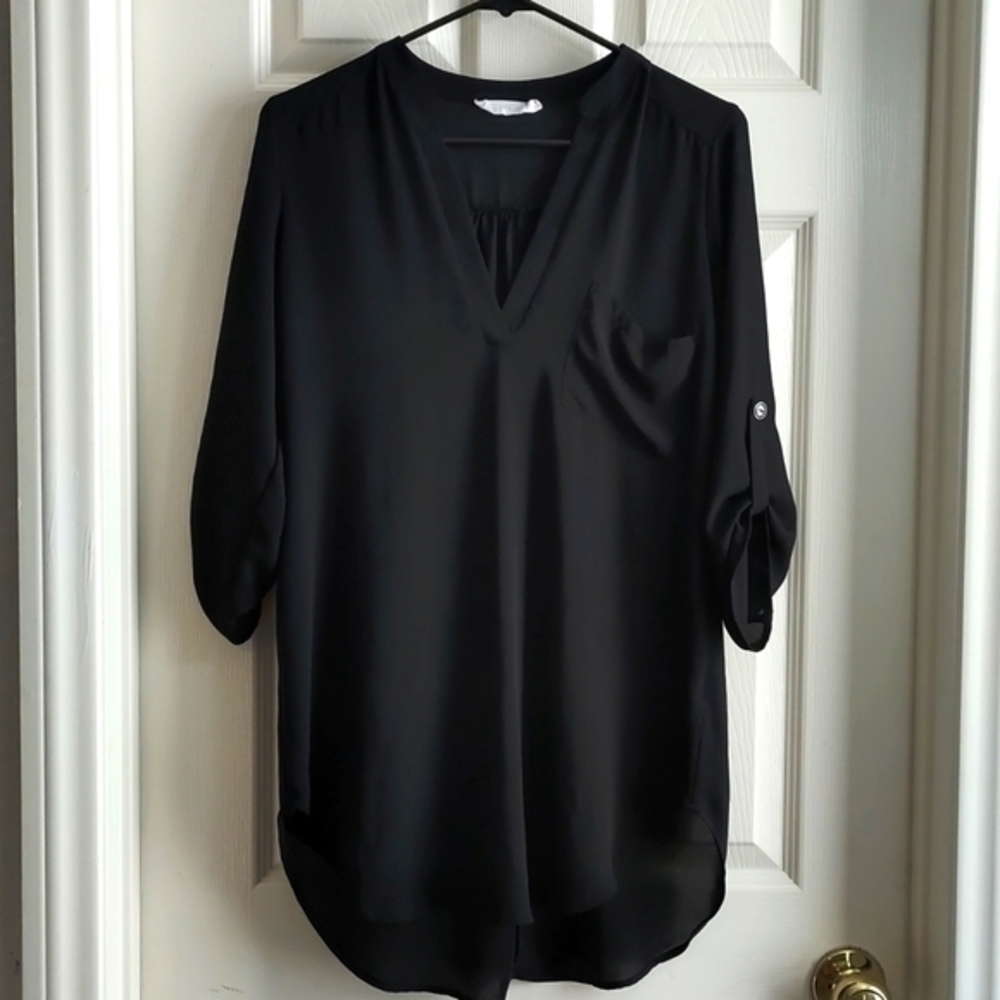 Woman's Lush Black Sheer Blouse Elbow Sleeve Length Size Small EUC #6321